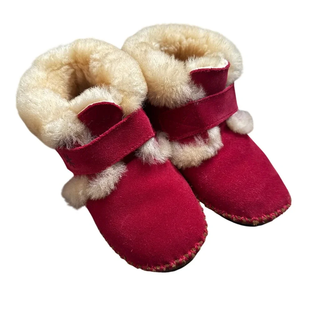New LL Bean Kids Wicked Good Slippers Red Suede Shearling Booties Toddler 7/8